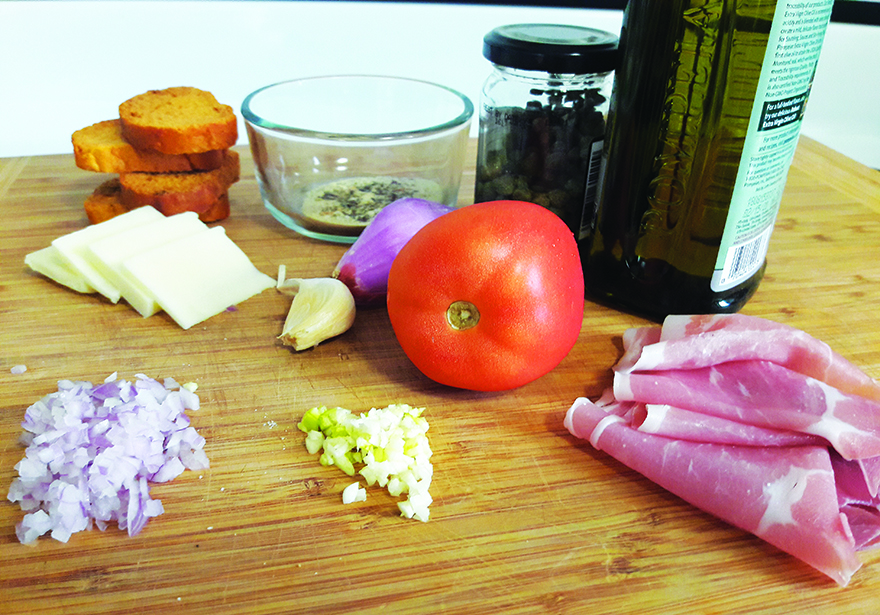 Edible's Magazine Recipe High Prosciutto on Tomato Basil Croutons Ingredients