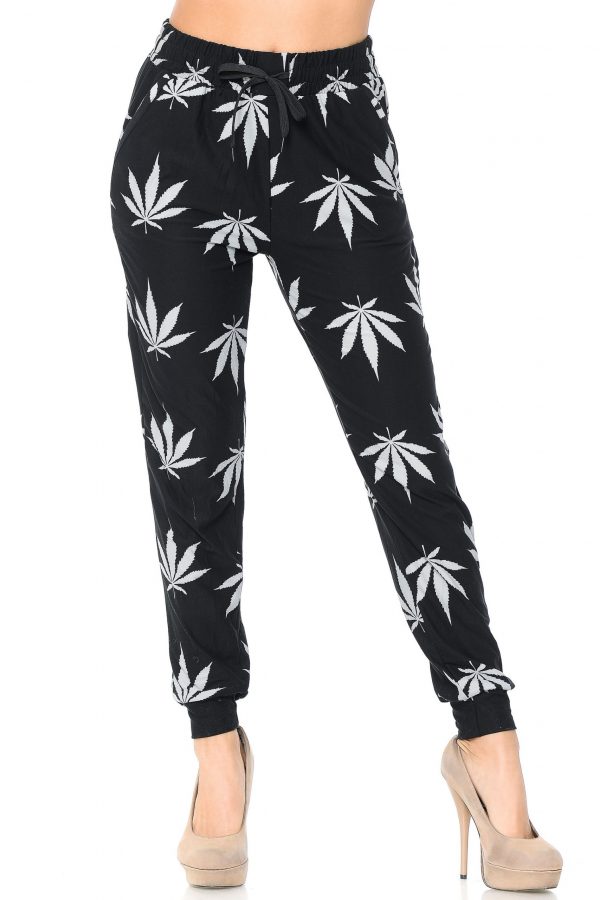 Black with Gray Marijuana Leaf Buttery Soft Cannabis Joggers Plus Size - 1