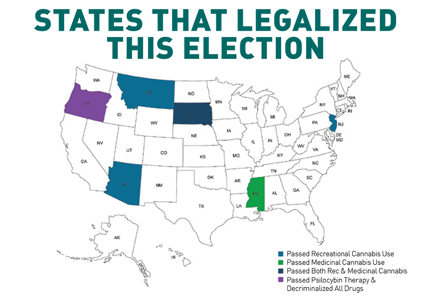 5 More States Legalized Cannabis This Election - South Dakota Passes Both Recreational and Medical Cannabis Laws at the Same Time - DC Decriminalizes Cannabis - Oregon Decriminalizes All Drugs