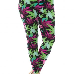 Purple and Green Multi Color Marijuana Leaf Buttery Soft Cannabis Leggings - Plus Size - 7